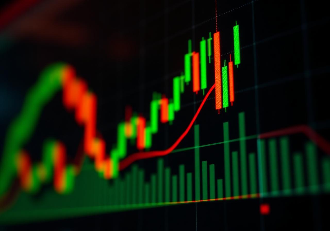 Macro shot of glowing candlestick chart with moving averages