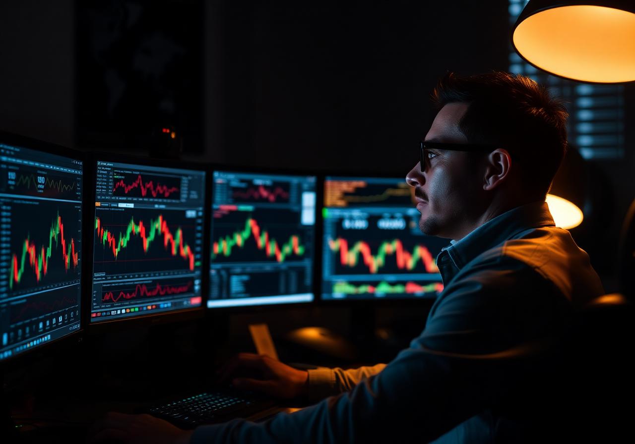 Focused trader analyzing live stock charts on multiple monitors